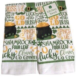 St Patrick's Day Kitchen Dish Towels Shamrocks Pot of Gold Irish Luck Set of 2